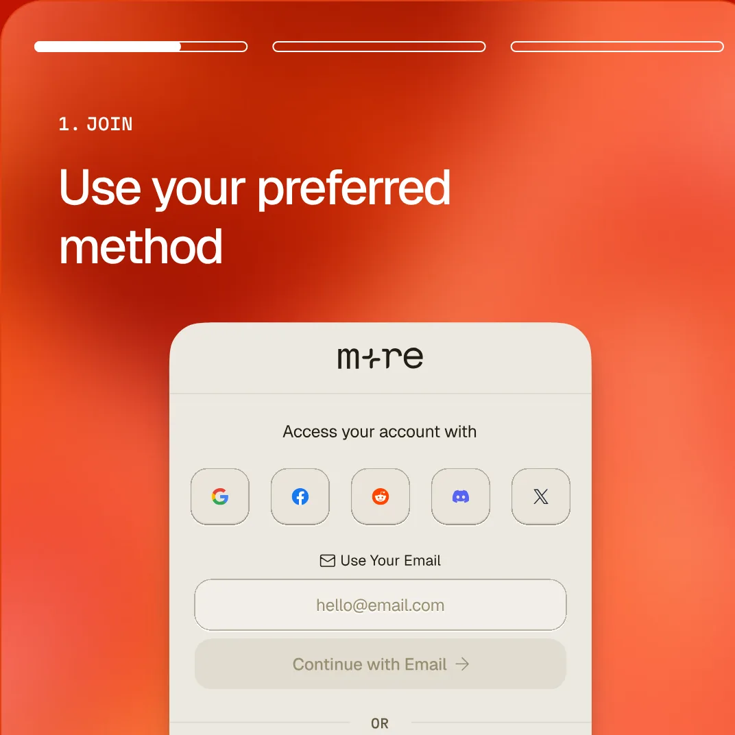 MoreMarkets sign up story, step 1. JOIN: Use your preferred method. A sign in card offers Google, Facebook, Reddit, Discord and X buttons, or an email field with Continue with Email.