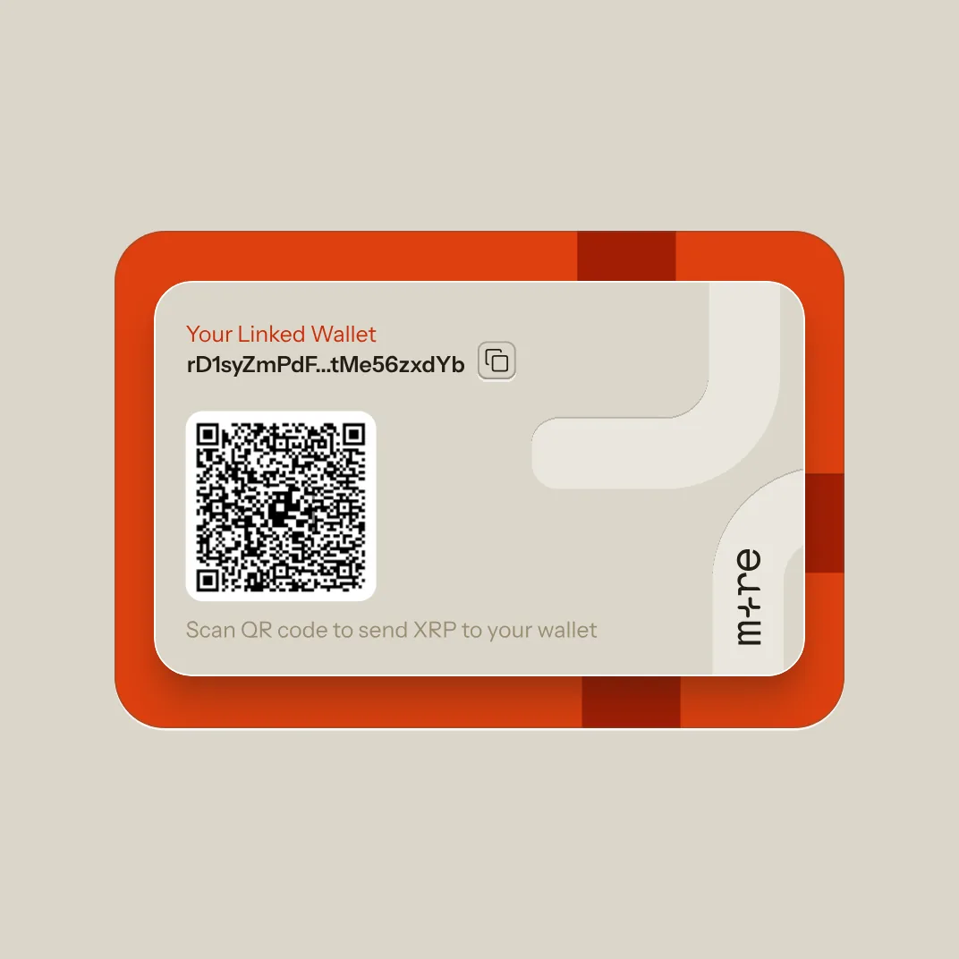 MoreMarkets linked wallet card with the wallet address, a QR code to send XRP and the m+re logo, floating over an orange frame.