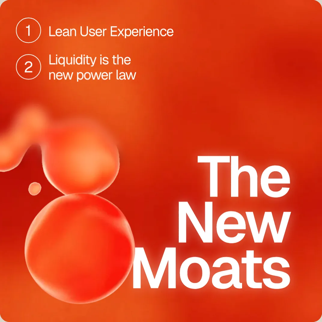 The New Moats: 1 Lean User Experience, 2 Liquidity is the new power law, over a moving magma background where two lava spheres fuse and part again.
