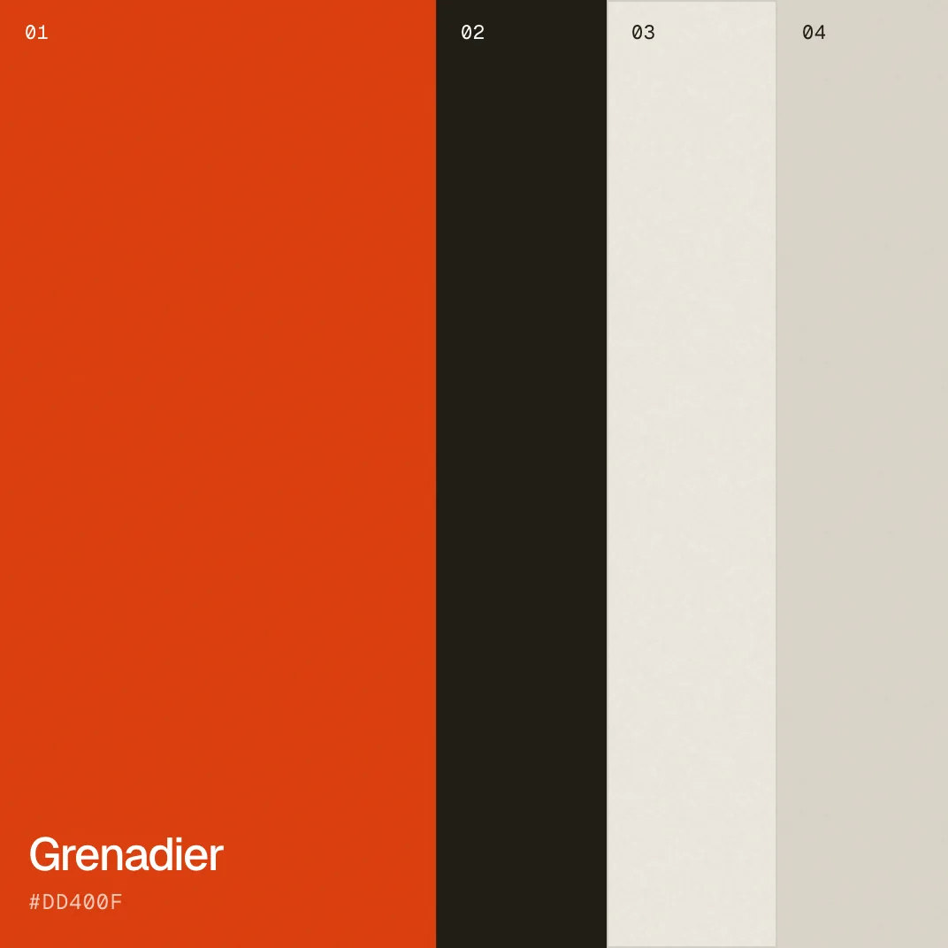 MoreMarkets colour palette: Grenadier #DD400F, Coffee Bean #221E15, White Rock #EDE9E0 and Bone #DBD6CB take the spotlight in turn.
