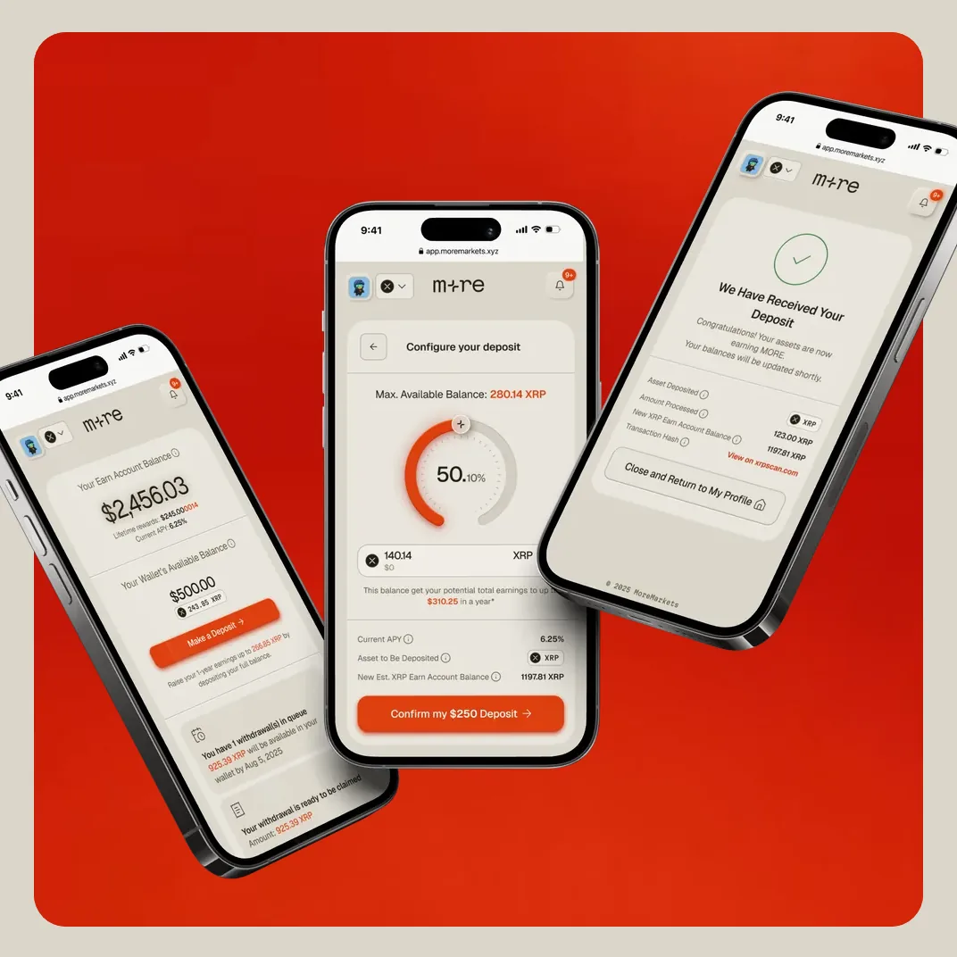 Three phones showing the MoreMarkets app: an earn account balance of $2,456.03, a Configure your deposit screen and a deposit confirmation, floating over an orange magma card.