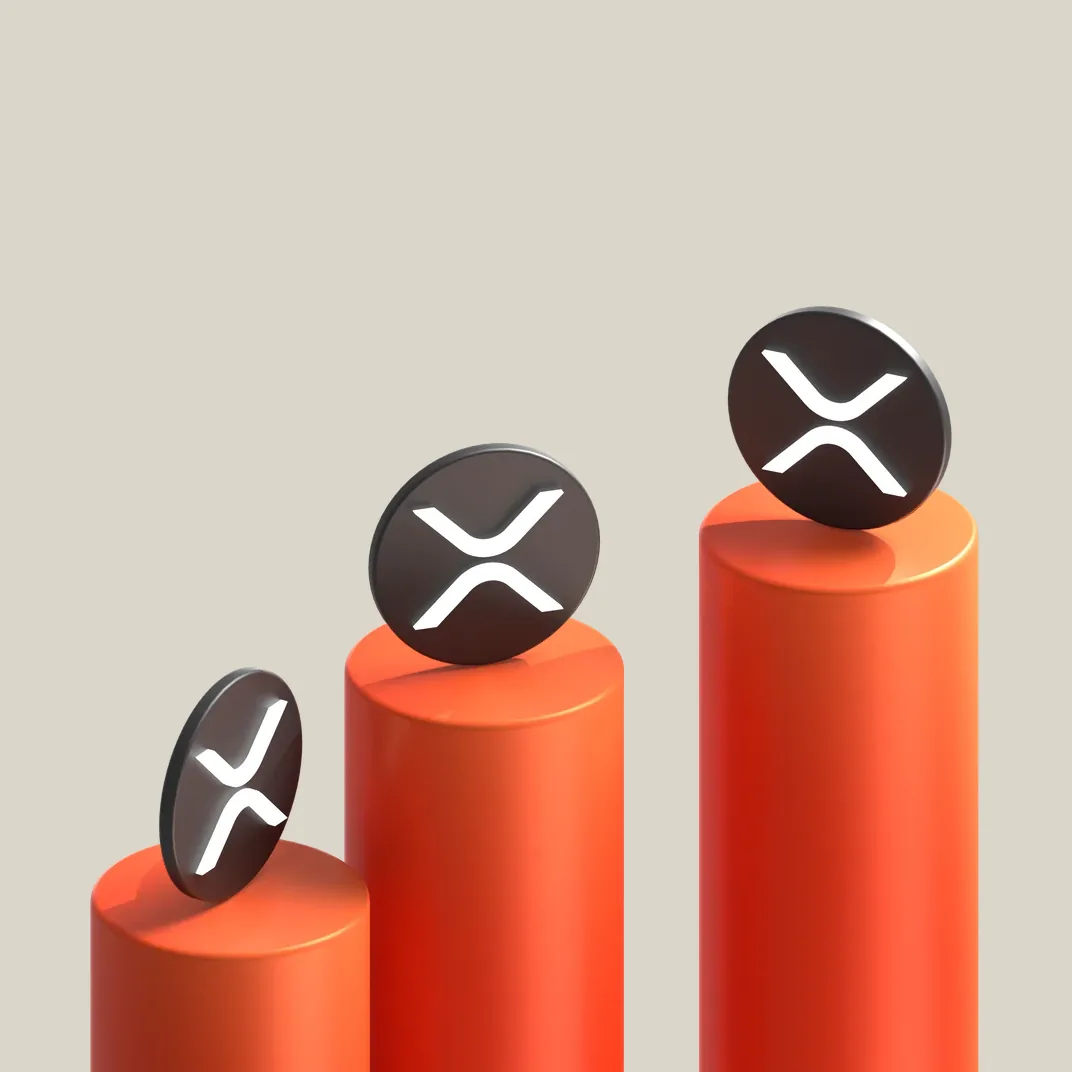 Three orange pillars of rising height, each topped by a dark XRP coin that lifts gently and settles back.