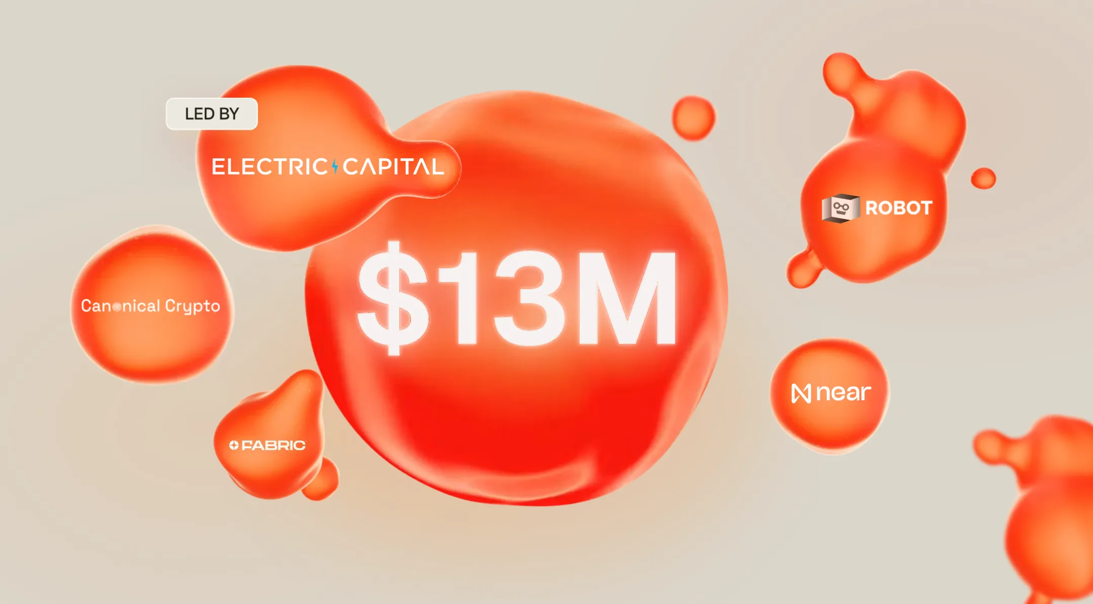 $13M round led by Electric Capital: a living lava sphere carries the amount, smaller lava blobs carry Canonical Crypto, Fabric, Robot and NEAR, and a slow pulse moves through them.