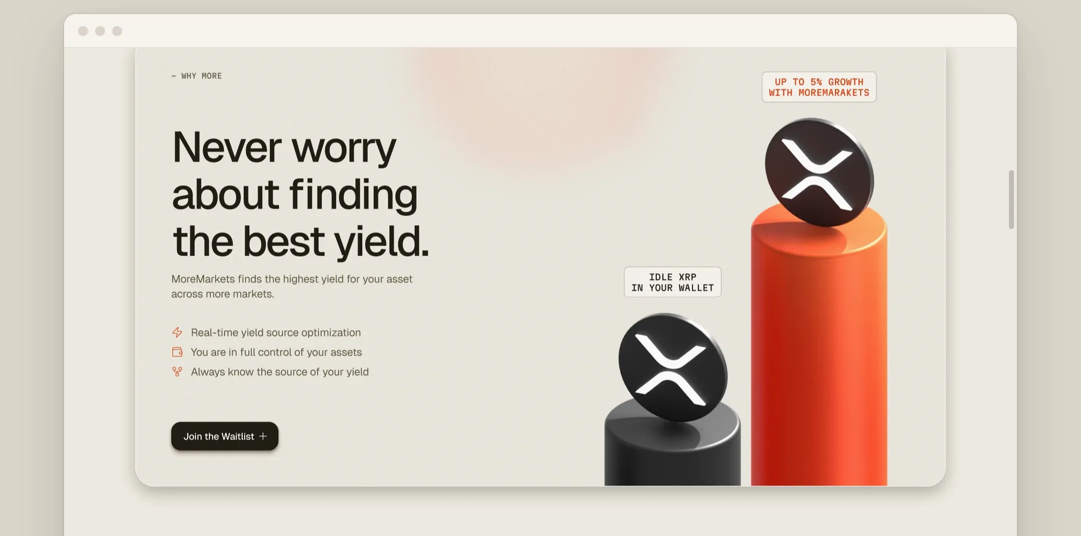 Montage of the MoreMarkets visuals: the launch site, the app screens, the lava mark, the palette, the yield diagram and the waitlist.