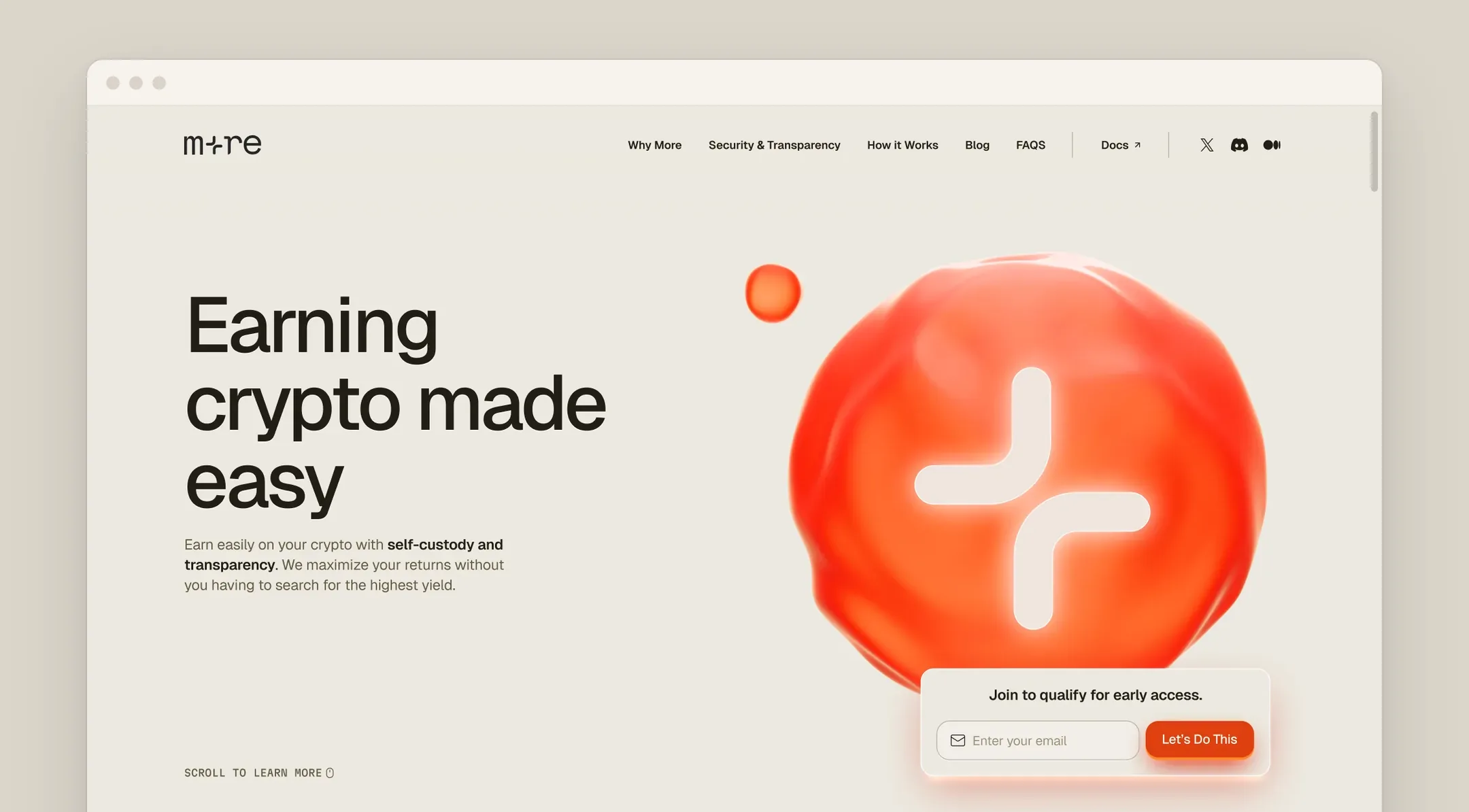 The MoreMarkets launch site scrolling in a browser window: Earning crypto made easy, Never worry about finding the best yield, Transparency and Security, Simple. Safe. Best., then Earning more starts here.