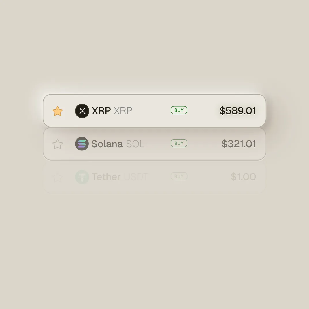 MoreMarkets token list with XRP, Solana, Tether and BNB rows, each with a price and a Buy badge; the list turns like a picker and each token takes the raised front row in turn.