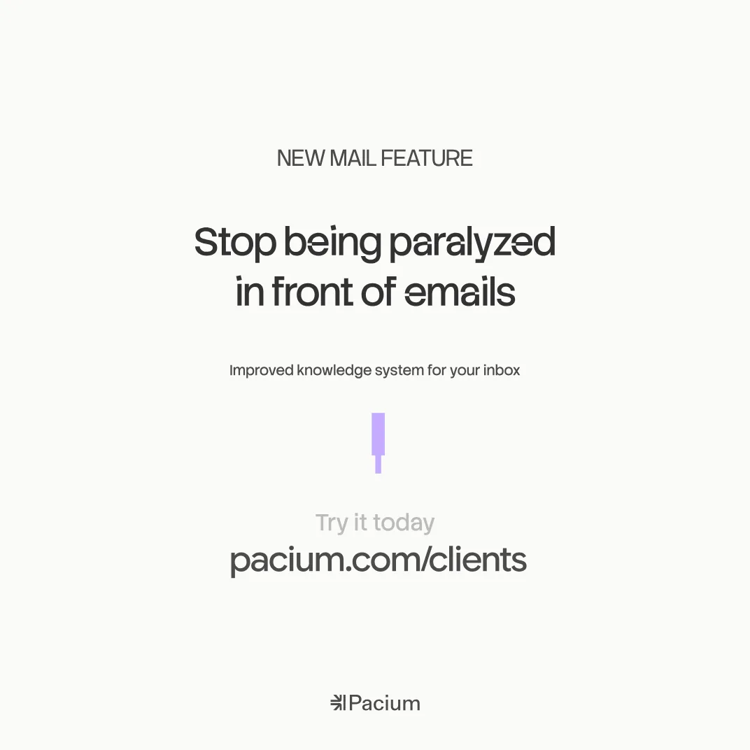 A feature announcement design: new mail feature, stop being paralyzed in front of emails, with a blinking violet cursor