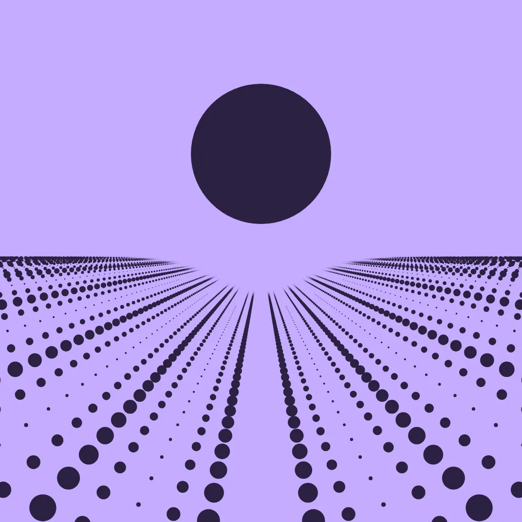 An illustration of dark violet dots in furrows running to the horizon under a black sun, moving slowly forward