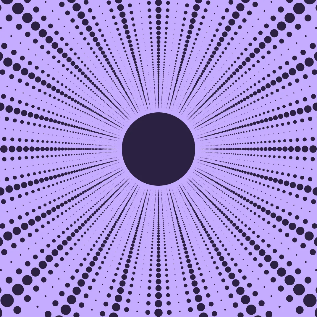 An illustration of dark violet dots on violet: rows of dots in perspective run from the edges into a dark disc, moving slowly forward