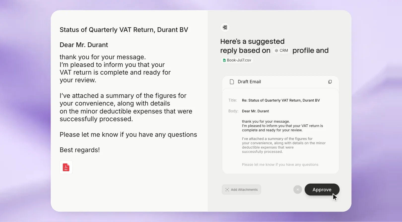 The Pacium inbox over violet silk: a client email about a quarterly VAT return, Pacium suggests a reply based on the CRM profile, a cursor clicks Approve and the reply is sent and logged