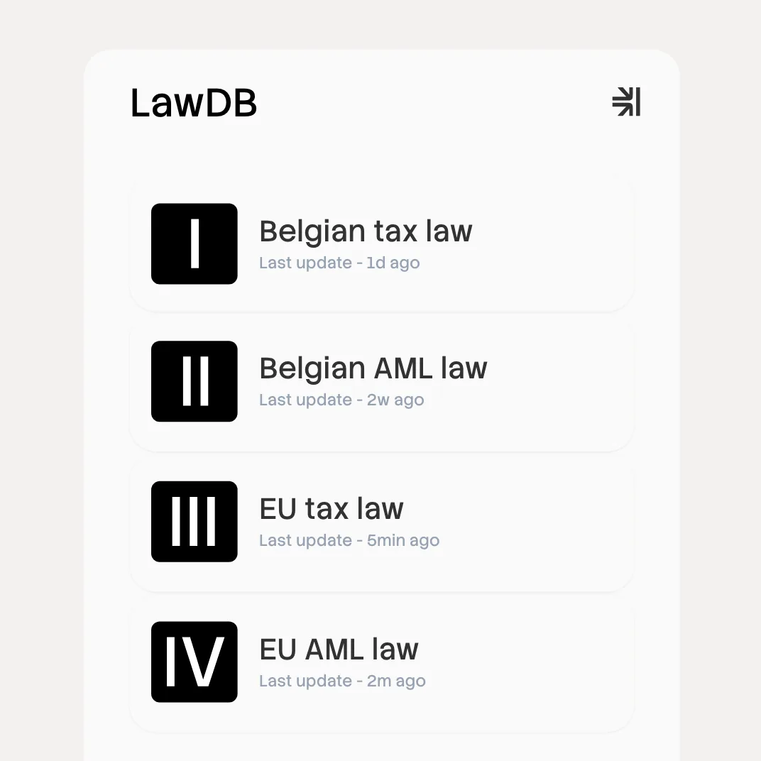 LawDB: Belgian tax law, Belgian AML law, EU tax law and EU AML law, a violet light passing over the list