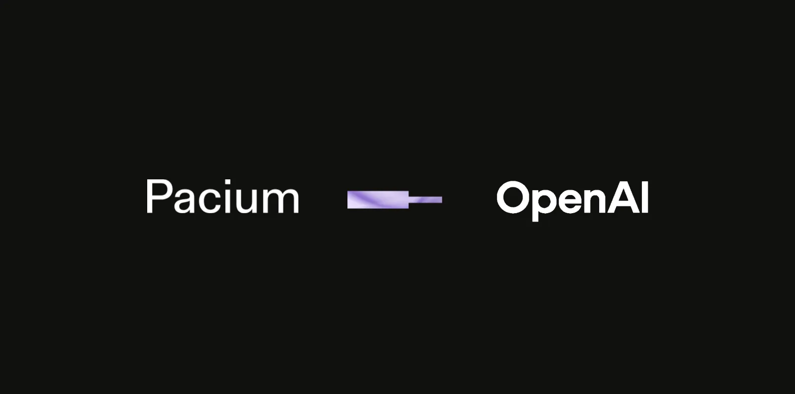 A partnership announcement design: Pacium and OpenAI joined by the violet double rectangle, the camera travels through it
