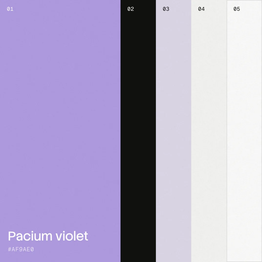 The Pacium palette: violet, black, a light violet tint, beige and white, each colour taking the stage in turn