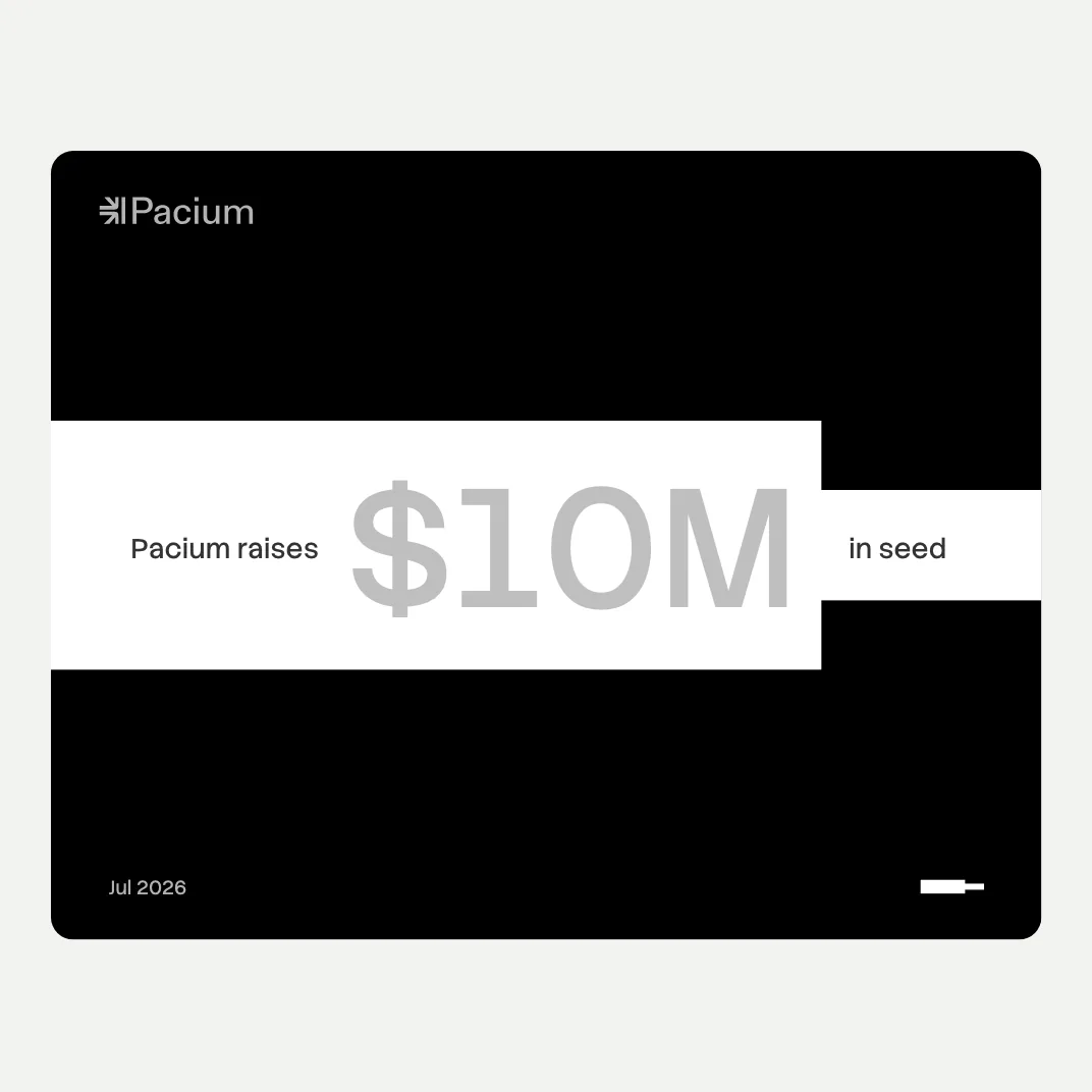 An announcement design in white blocks on black, Pacium raises $10M in seed: the blocks slide in and the words rise into them