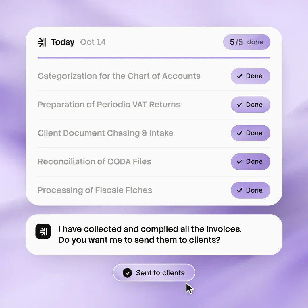 Five accounting tasks complete one by one on a Pacium task card, then Pacium offers to send the compiled invoices to clients and a cursor clicks Approve