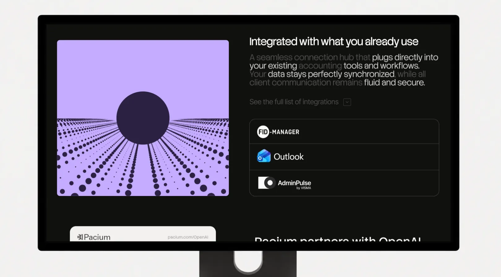 The Pacium website on a monitor: under the hero, Make accounting that counts, the violet clouds drift, then the page scrolls through compliance, the integrations section and its dot illustration, the OpenAI announcement and Get a demo down to the footer