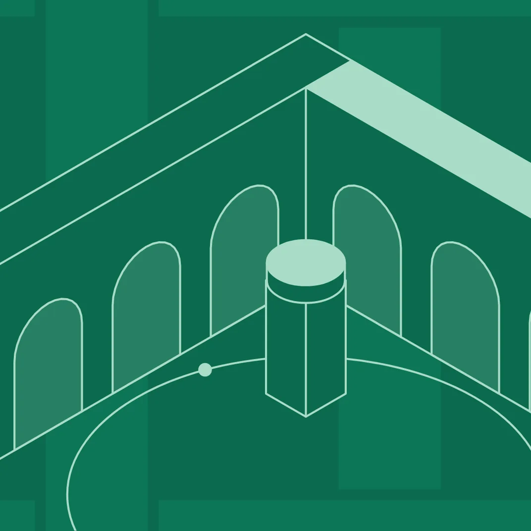 Isometric arches on green: two dots travel around the floor and each arch they pass under lights up in mint.