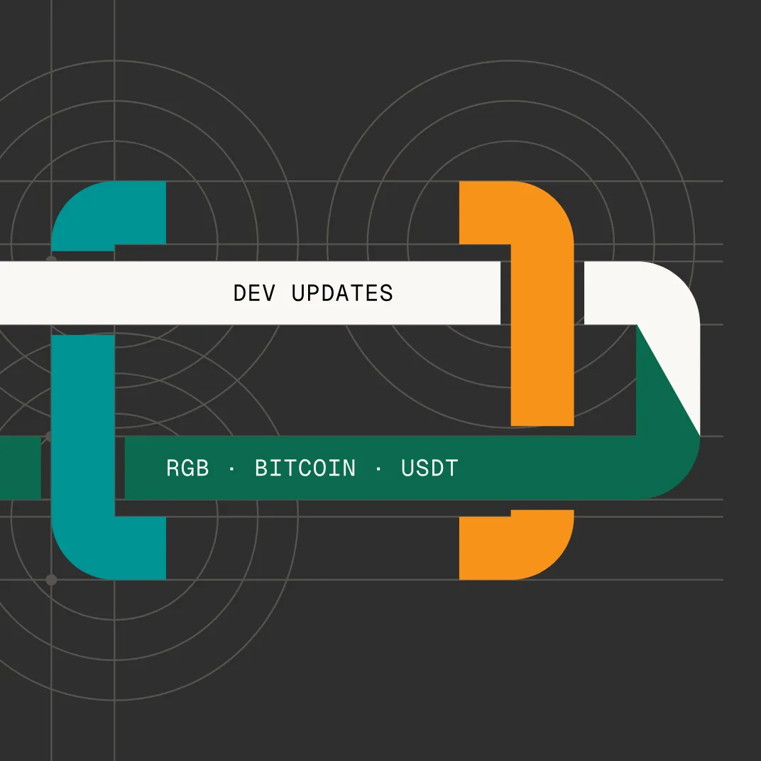 Dev updates: a single woven ribbon held by teal and orange braces loops round and folds, DEV UPDATES on one side and RGB, Bitcoin, USDT on the other, ticking past.