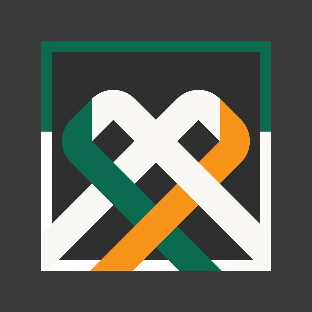 The Utexo knot: an orange and a green woven ribbon cross in an X and tighten, thread by thread.