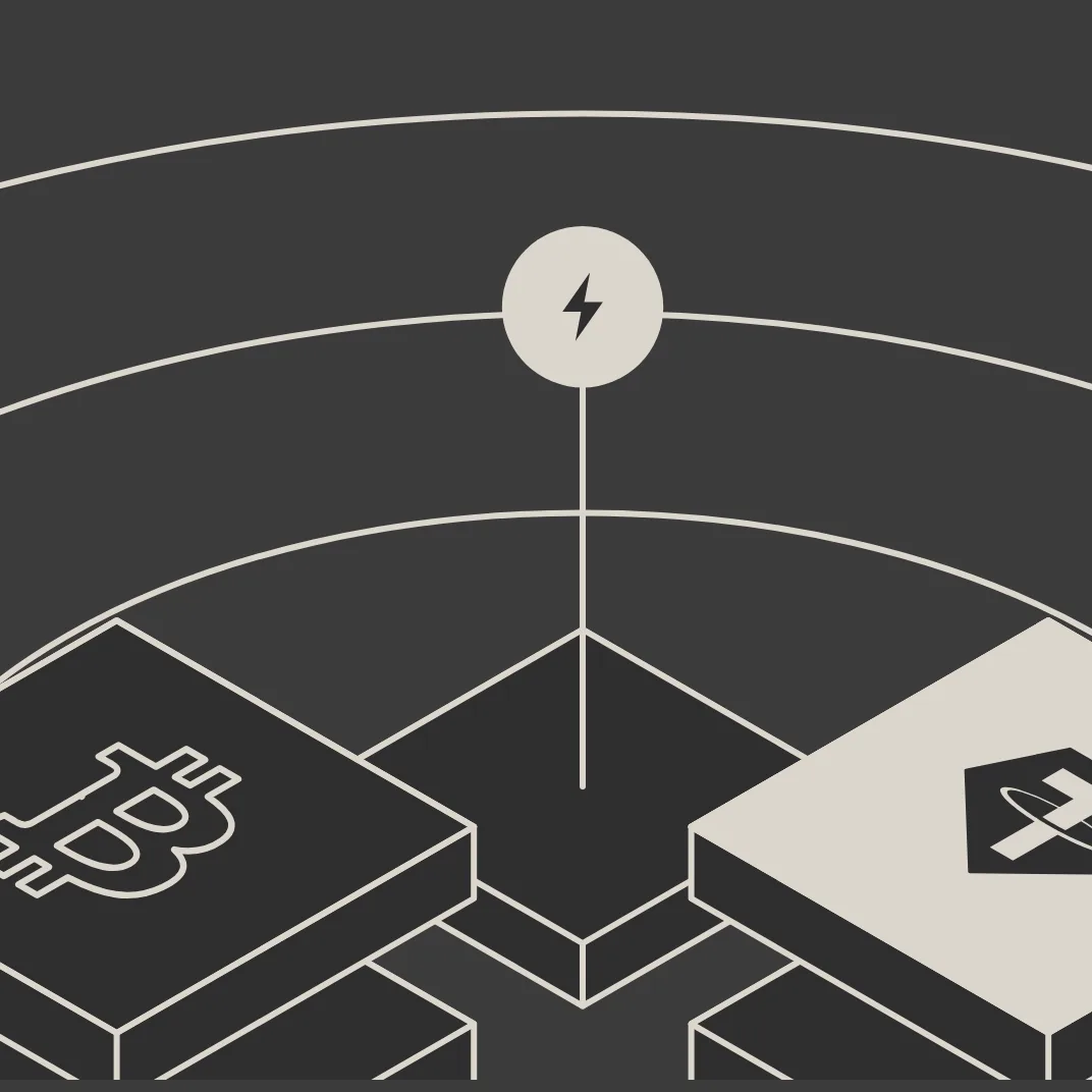 Isometric Lightning node: a pulse runs down the mast and along the orbit, lighting the Bitcoin block, then the Tether block.