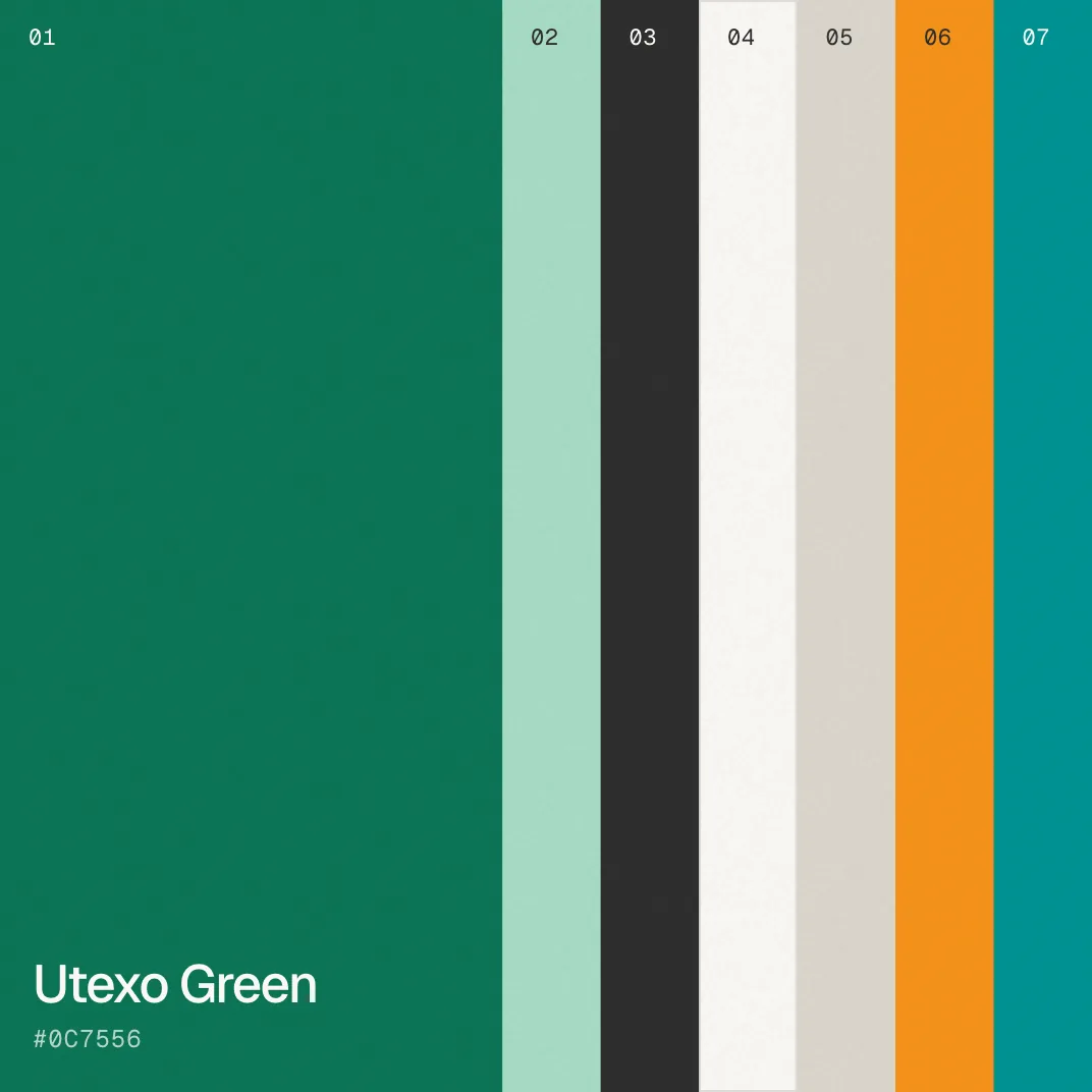 Utexo colour palette: Utexo Green #0C7556, Mint #A8DCC6, Ink #2E2E2E, Ecru #FAF8F5, Stone #DCD6CC, Bitcoin Orange #F7931A and Tether Teal #009393, four of them taking the spotlight in turn.