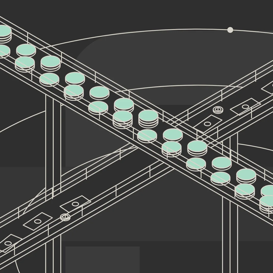 Coin rails: two isometric tracks loaded with coins cross on the dark grid.