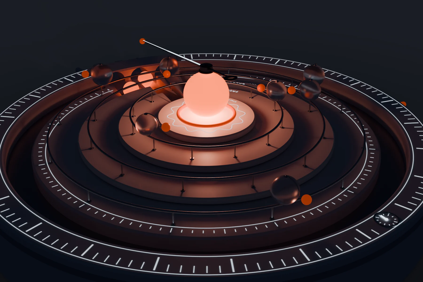 The AstraOS machine at night, seen from behind and above, its coral core glowing among the rings and the glass tools