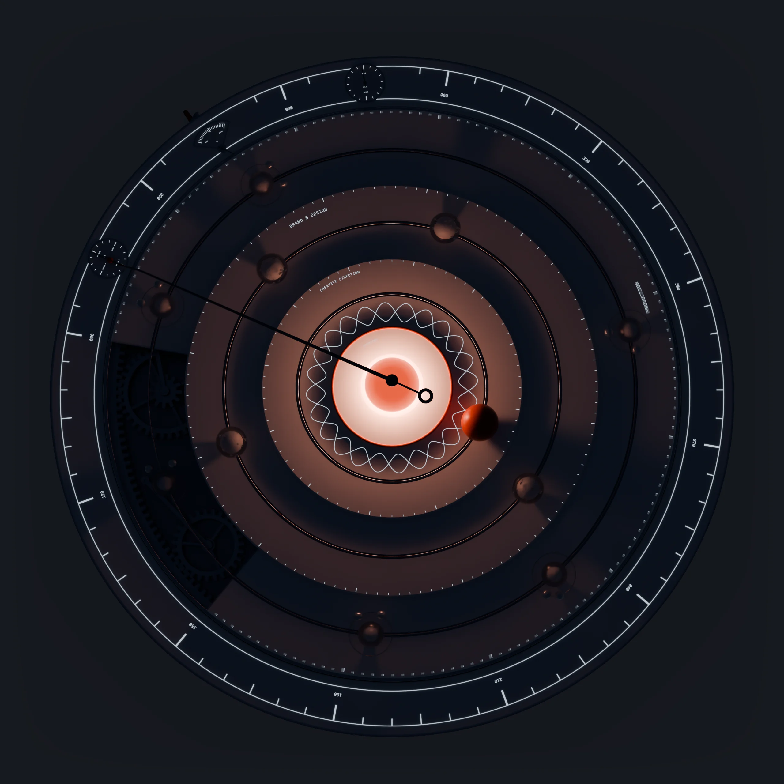 The AstraOS machine at night, seen from above: its glowing engravings, the counters, the gauge and the gears under the dial