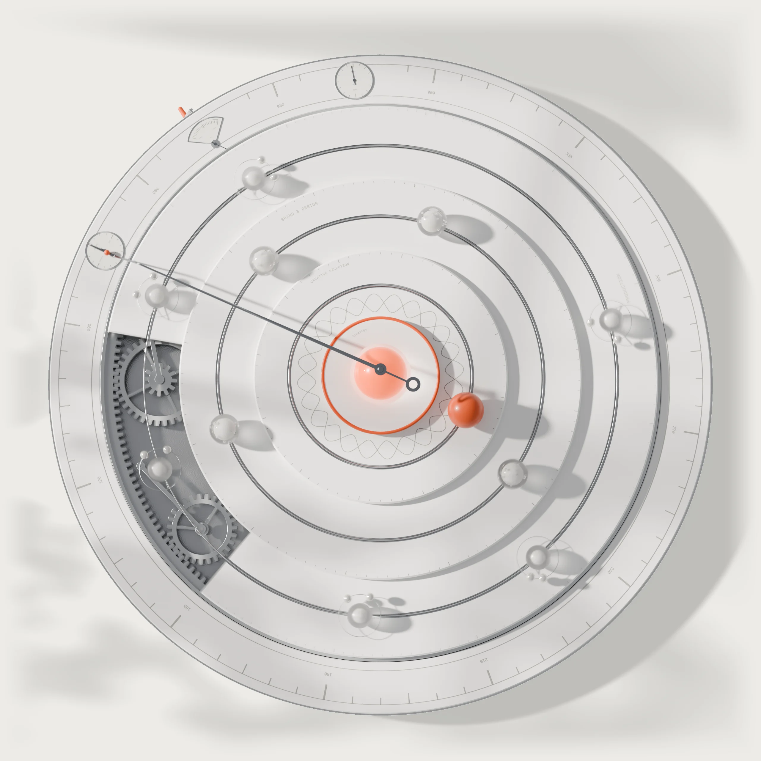 The AstraOS machine seen from above: its graduated rim, the counters, the gauge and the gears under the dial